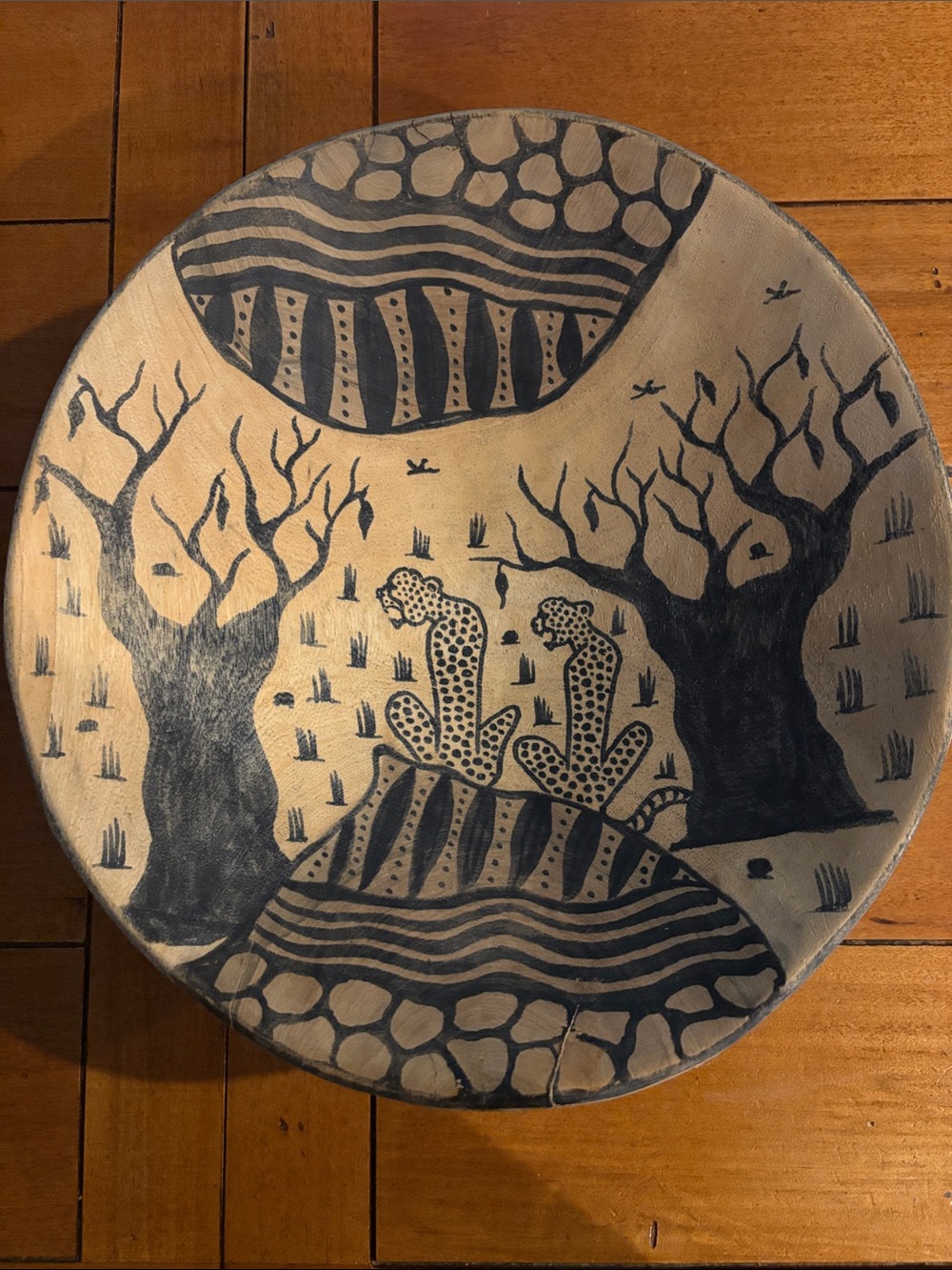 Wooden Bowl With Painted Design 10.5”